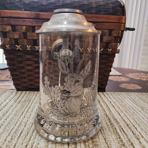 Etched Glass Beer Stein Engraved Pewter Lid Bicycle Warning Bell - Picture 2 of 8